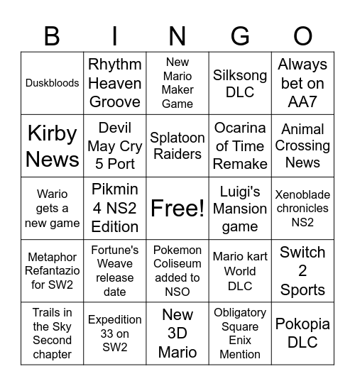 Nintendo Direct June 2026 Bingo Card
