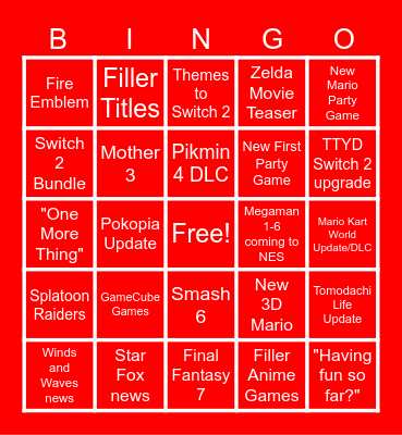 Nintendo Direct Bingo Card