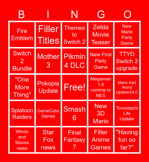 Nintendo Direct Bingo Card