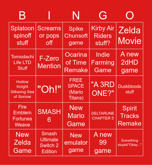 Nintendo Direct 6/9 Bingo Card