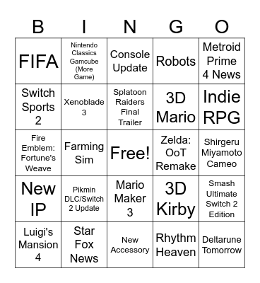 Nintendo Direct 6/9/26 Bingo Card