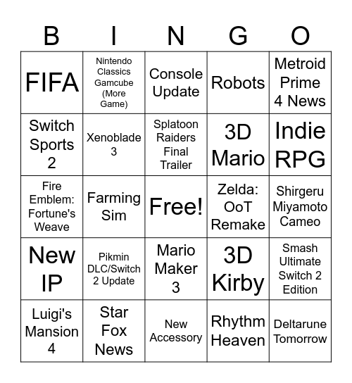 Nintendo Direct 6/9/26 Bingo Card