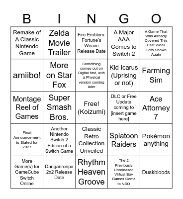 Nintendo Direct 6.9.2026 Bingo Card