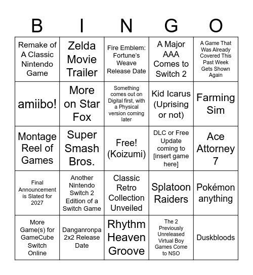 Nintendo Direct 6.9.2026 Bingo Card