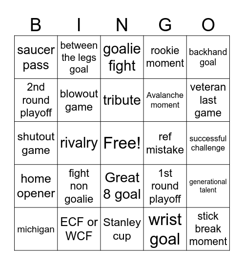 NHL highlights Bingo Card