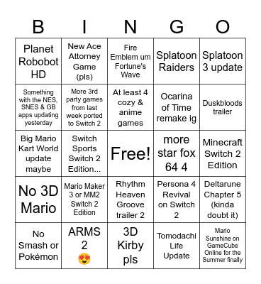 Nintendo Direct 6.9 Bingo Card