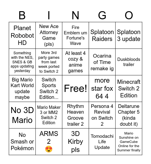 Nintendo Direct 6.9 Bingo Card