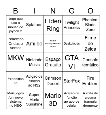 Nintendo direct amanhã Bingo Card