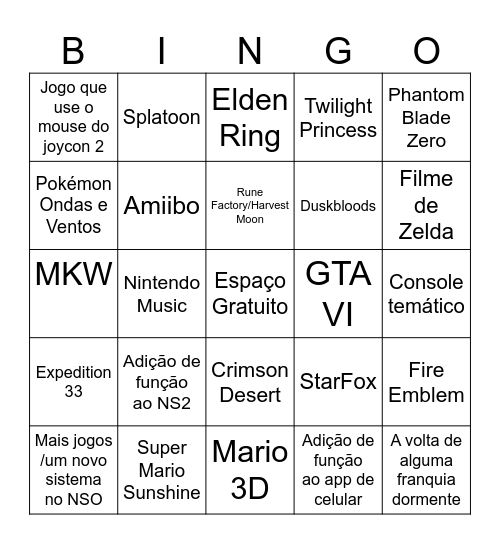 Nintendo direct amanhã Bingo Card