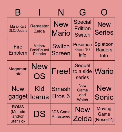 Nintendo Direct Bingo Card