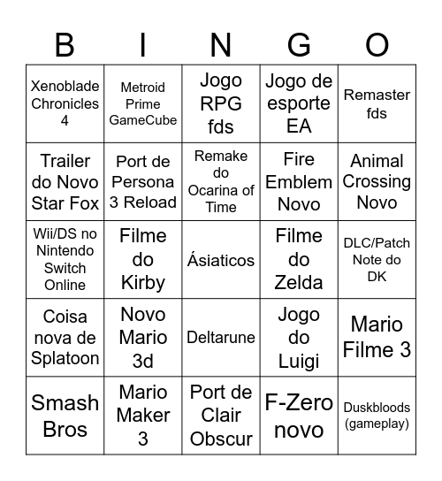 Nintendo Direct Otimista Bingo Card