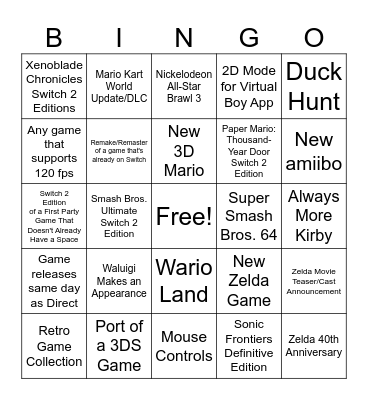 Nintendo Direct June 9th 2026 Bingo Card