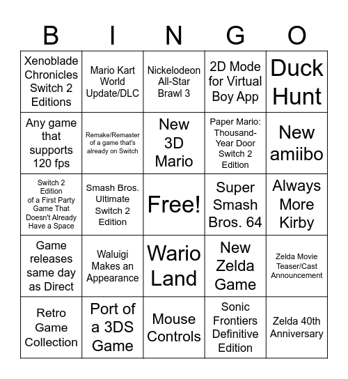 Nintendo Direct June 9th 2026 Bingo Card