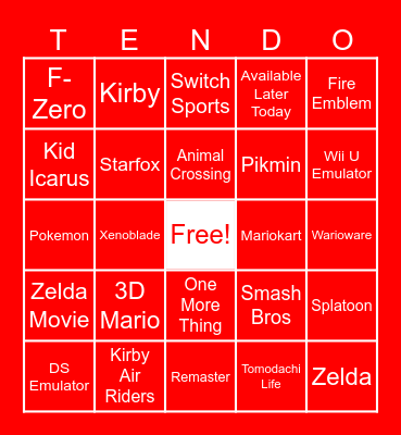 Nintendo Direct Bingo Card