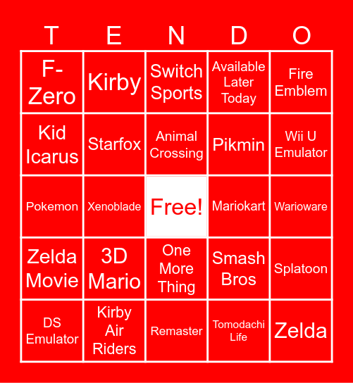 Nintendo Direct Bingo Card