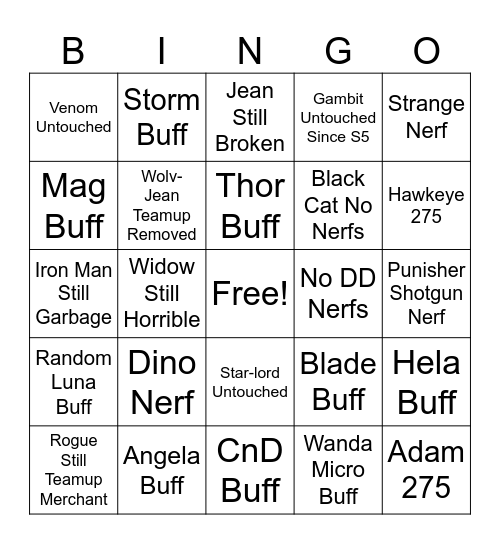 Marvel Rivals S8.5 Predictions Bingo Card