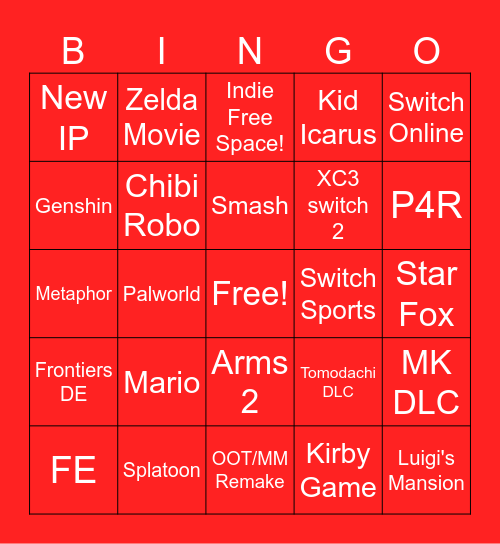 Nintendo Direct Bingo Card