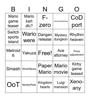 Nintendo direct 6-9 Bingo Card