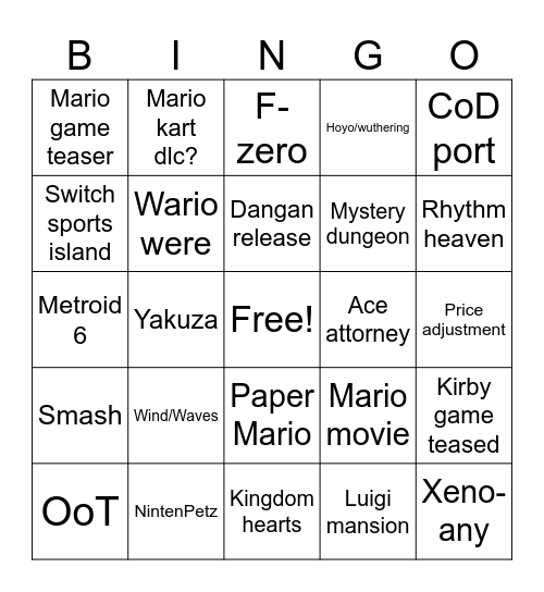 Nintendo direct 6-9 Bingo Card