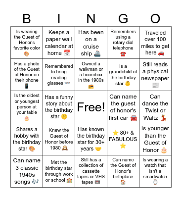 Marie's 80th Birthday Bingo Card