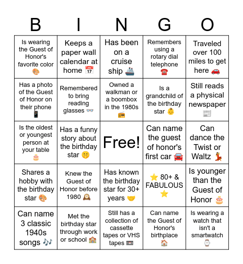 Marie's 80th Birthday Bingo Card