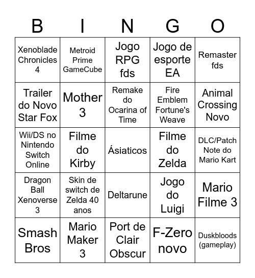 Nintendo Direct Otimista Bingo Card