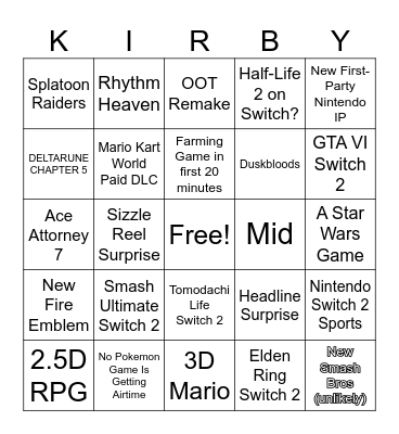 Nintendo Direct 2026 Bingo Card