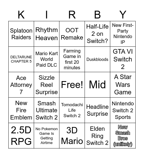 Nintendo Direct 2026 Bingo Card