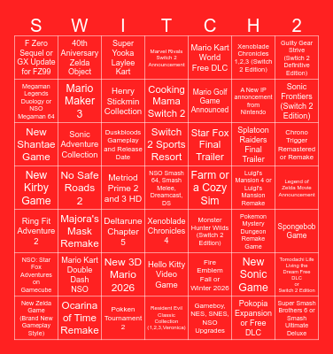 Nintendo Switch Direct Bingo Card