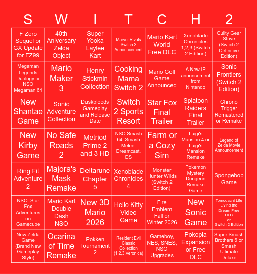 Nintendo Switch Direct Bingo Card
