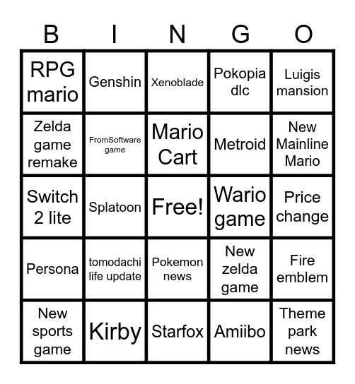 Nintendo direct 6/9 Bingo Card