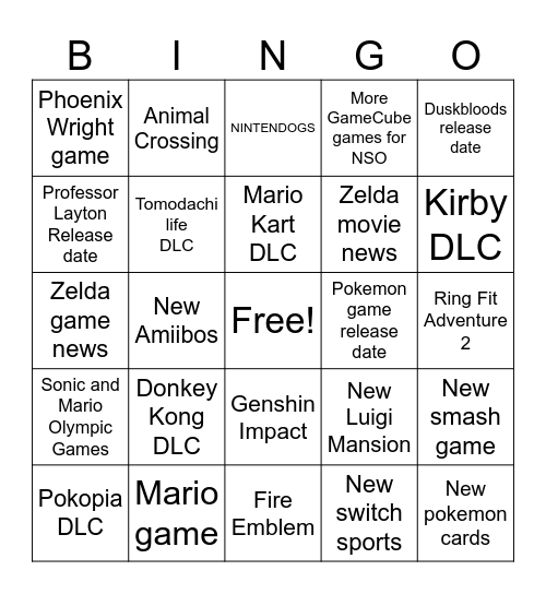 Nintendo Direct Bingo Card