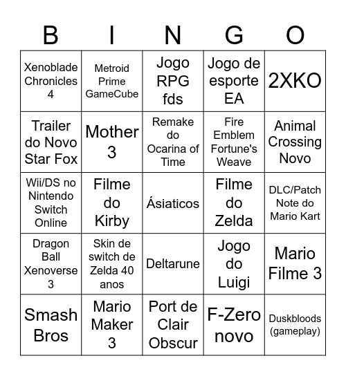 Nintendo Direct Otimista Bingo Card