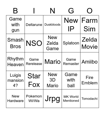 Nintendo Direct Bingo Card