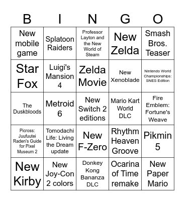 Nintendo Direct 2026 Bingo Card