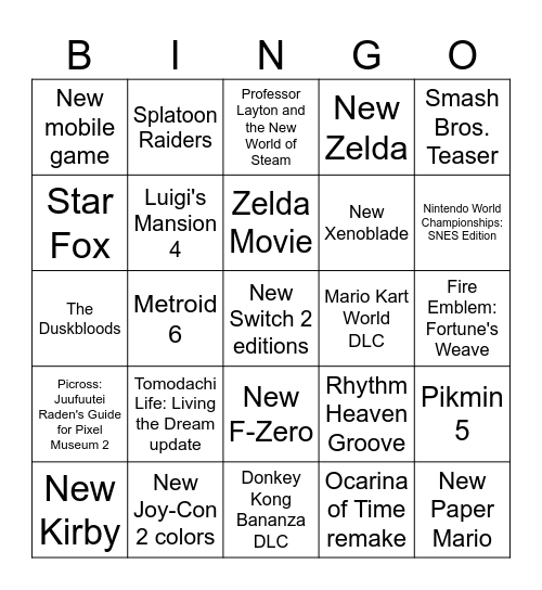Nintendo Direct 2026 Bingo Card