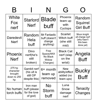 Marvel Rivals Balance Bingo Card