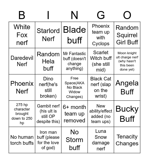 Marvel Rivals Balance Bingo Card