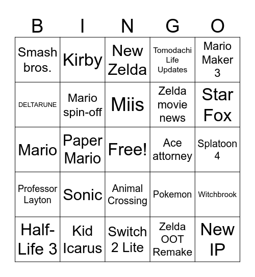 Nintendo Direct Bingo Card