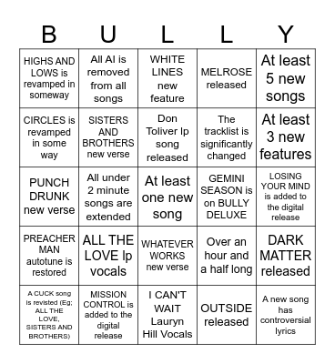 BULLY DELUXE Bingo Card Bingo Card
