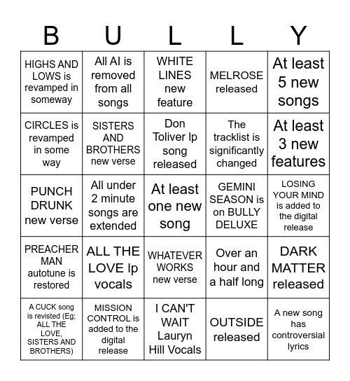 BULLY DELUXE Bingo Card Bingo Card