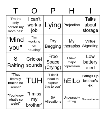 Tophia Livestream Bingo Card