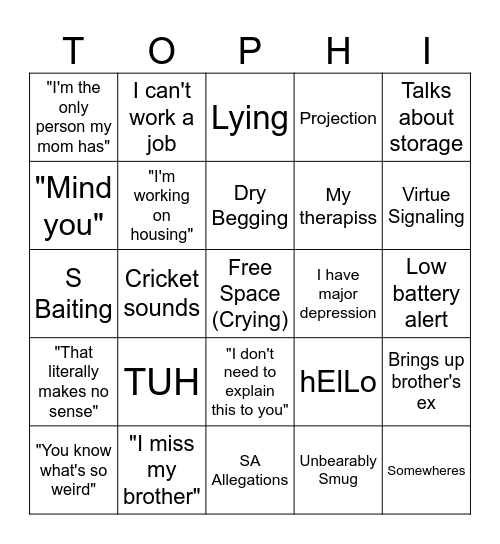 Tophia Livestream Bingo Card
