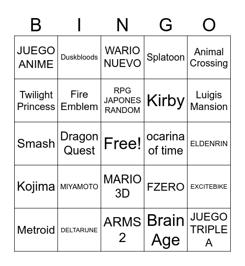 NINTENDO DIRECT Bingo Card