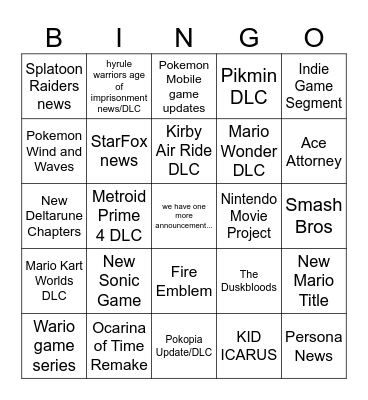 Nintendo Direct June 2026 Bingo Card