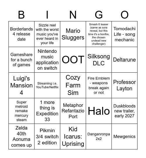 Nintendo Direct June 2026 Bingo Card