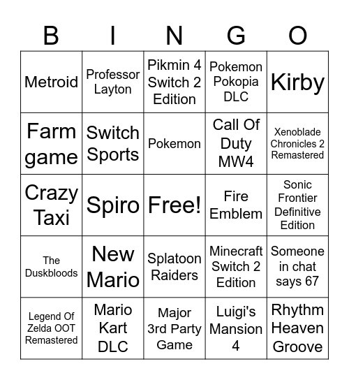 Nintendo Bingo Card