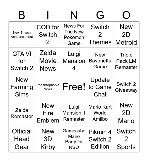 June Nintendo Direct 2026 Bingo Card