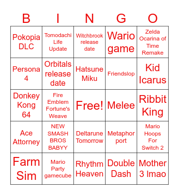Nintendo Direct Bingo Card