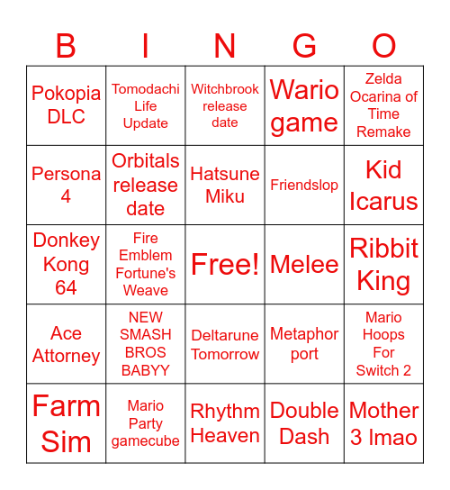 Nintendo Direct Bingo Card